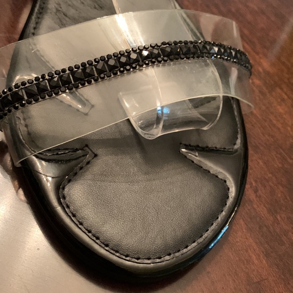Black Open Sandals, Clear Band with Black Rhinestones, Ankle Straps. Size 9, 10 - Picture 3 of 6